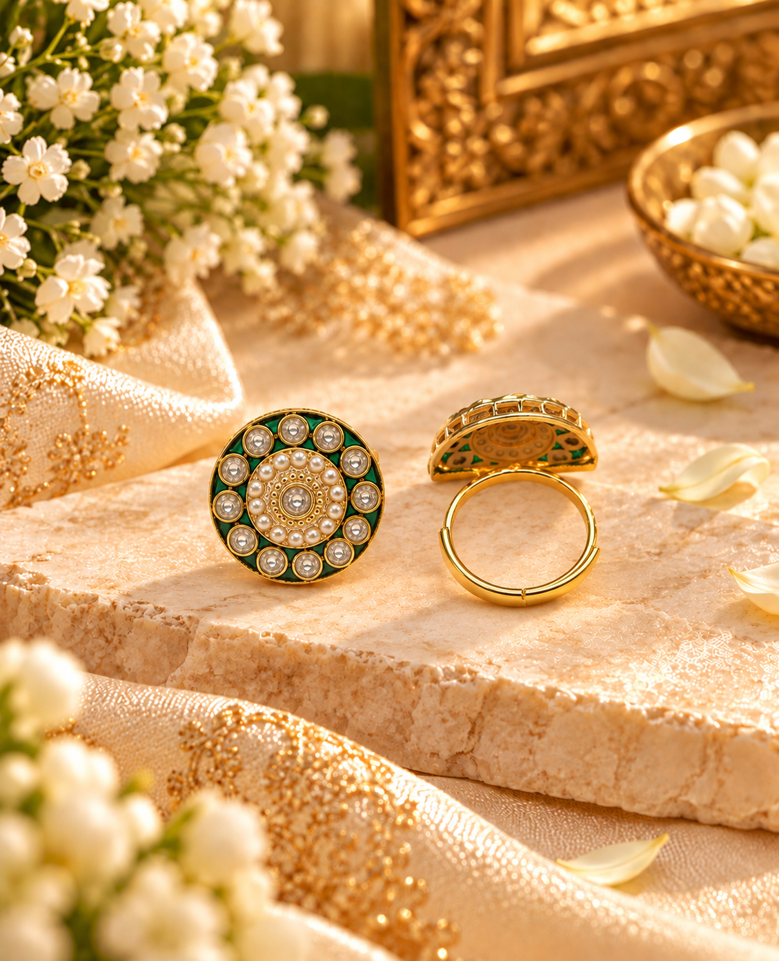 Circular Enamel & Pearl Medallion Statement Ring