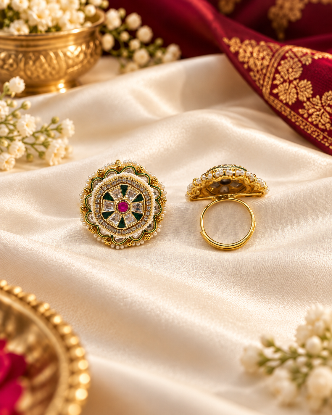 Ornate Geometric Statement Ring with Micro-Pearl Border