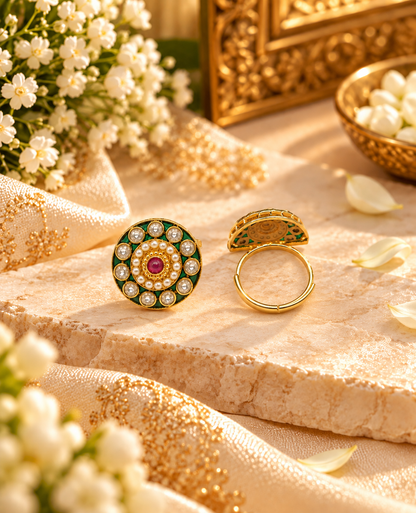 Circular Enamel & Pearl Medallion Statement Ring