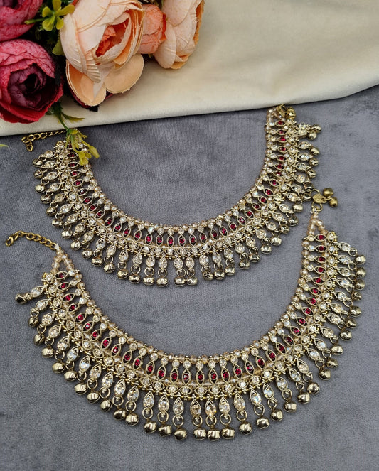Ornate Crystal Stone Payal Pair with Ghungroo Charms