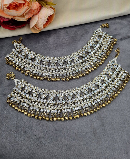 Ornate Crystal Stone Heavy Payal Pair with Ghungroo Charms
