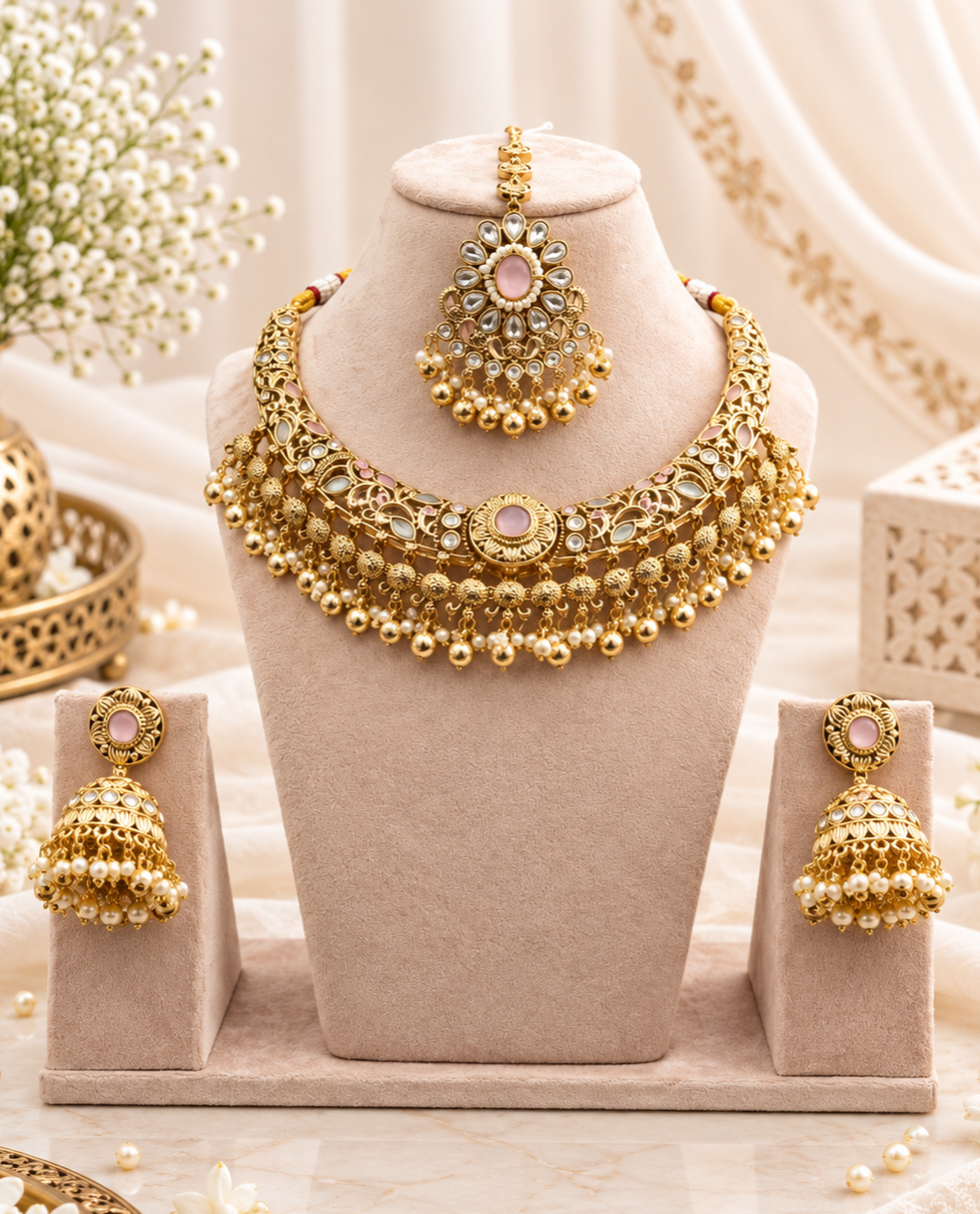 Royal Carved Collar Necklace & Jhumka Set