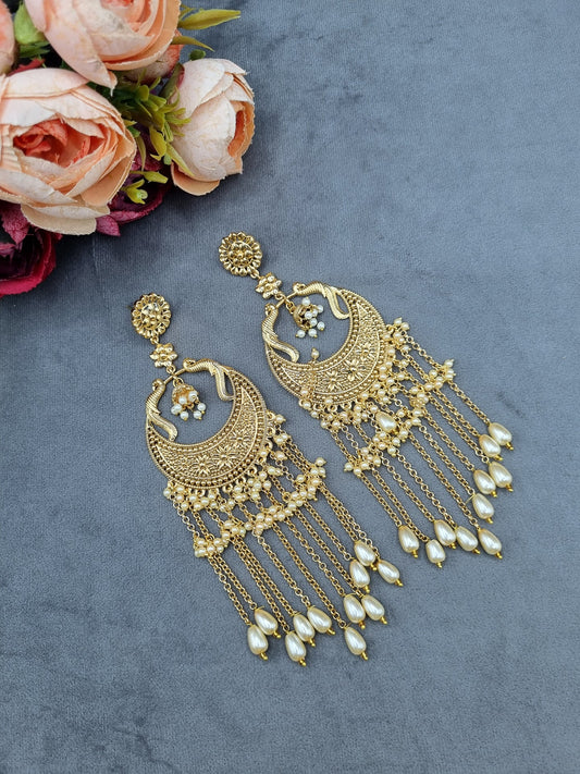 Peacock Motif Chandbali Earrings with Tassel Chains