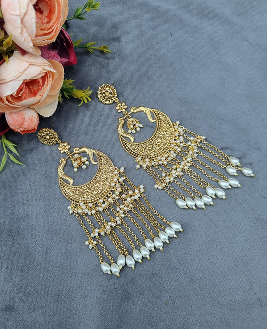 Peacock Motif Chandbali Earrings with Tassel Chains