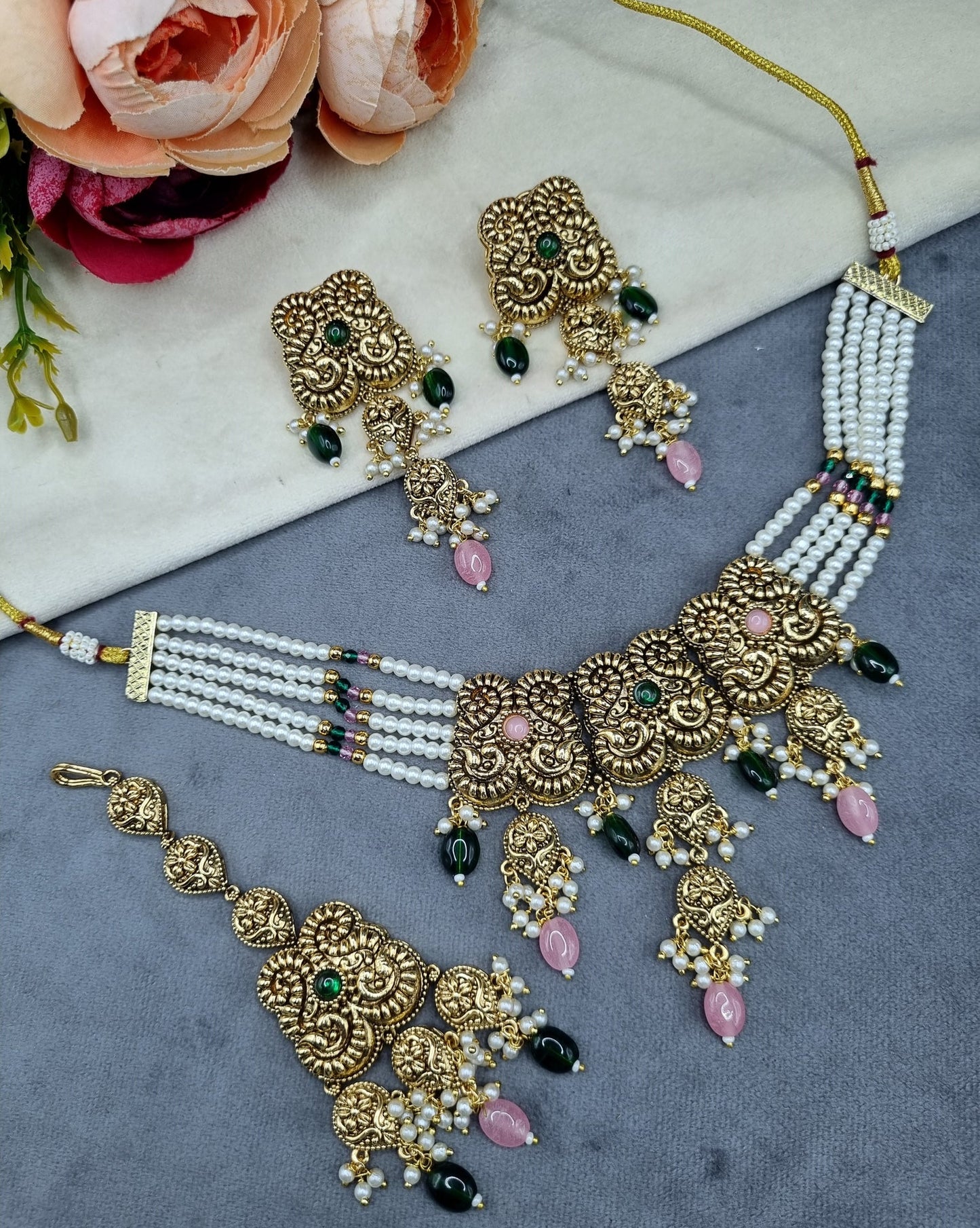 Antique Gold Pearl Strand Choker Necklace Set with Earrings & Maangtikka