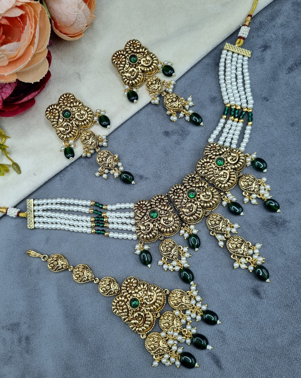 Antique Gold Pearl Strand Choker Necklace Set with Earrings & Maangtikka