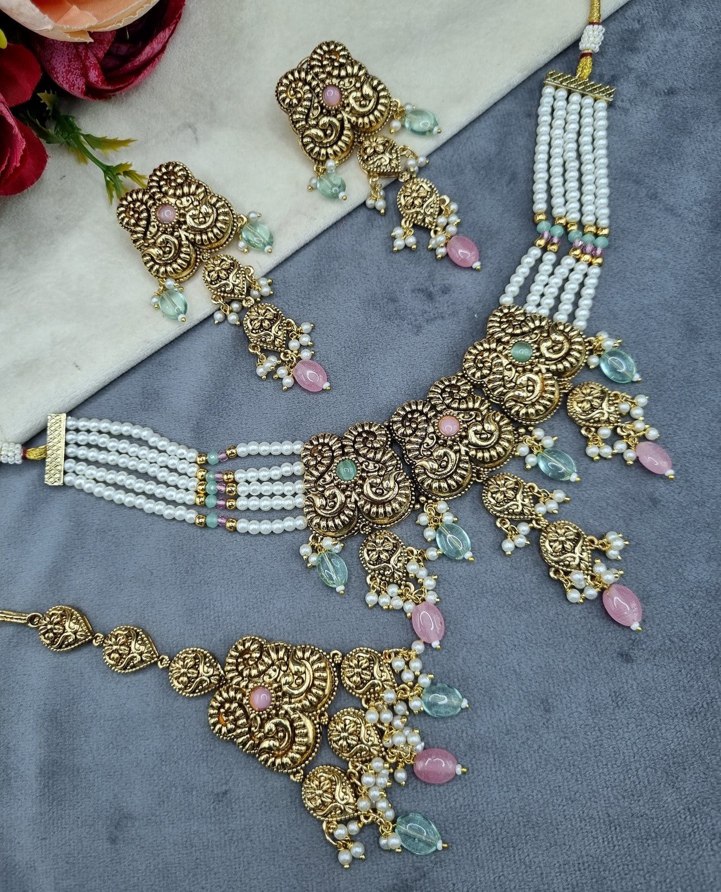 Antique Gold Pearl Strand Choker Necklace Set with Earrings & Maangtikka