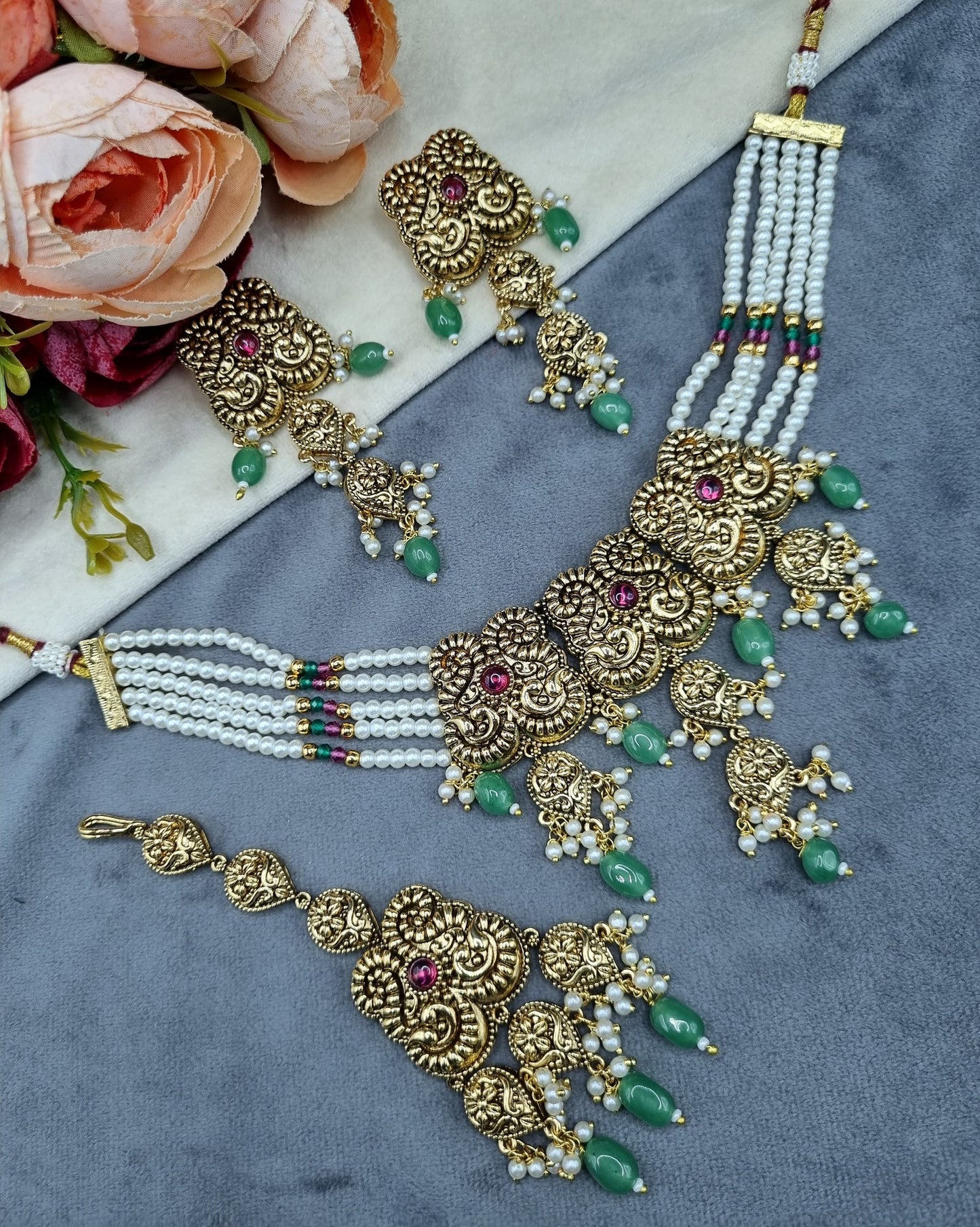 Antique Gold Pearl Strand Choker Necklace Set with Earrings & Maangtikka