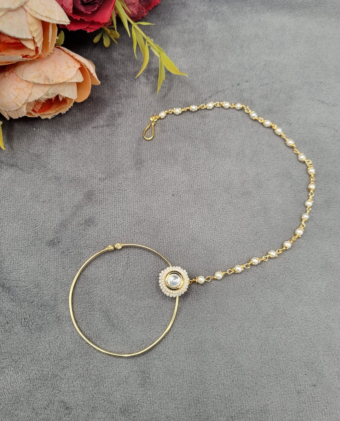 Traditional Stone & Pearl Studded Hoop Nath with Pearl Beaded Chain