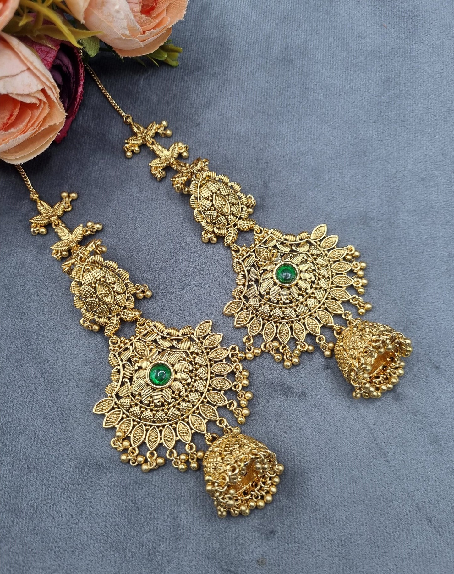 Ornate Antique Filigree Jhumka Earrings with Ear Chains