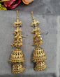 Ethnic Temple Motif Layered Jhumkas with Hair Chains