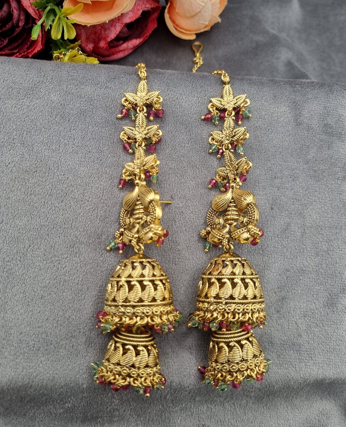 Ethnic Temple Motif Layered Jhumkas with Hair Chains