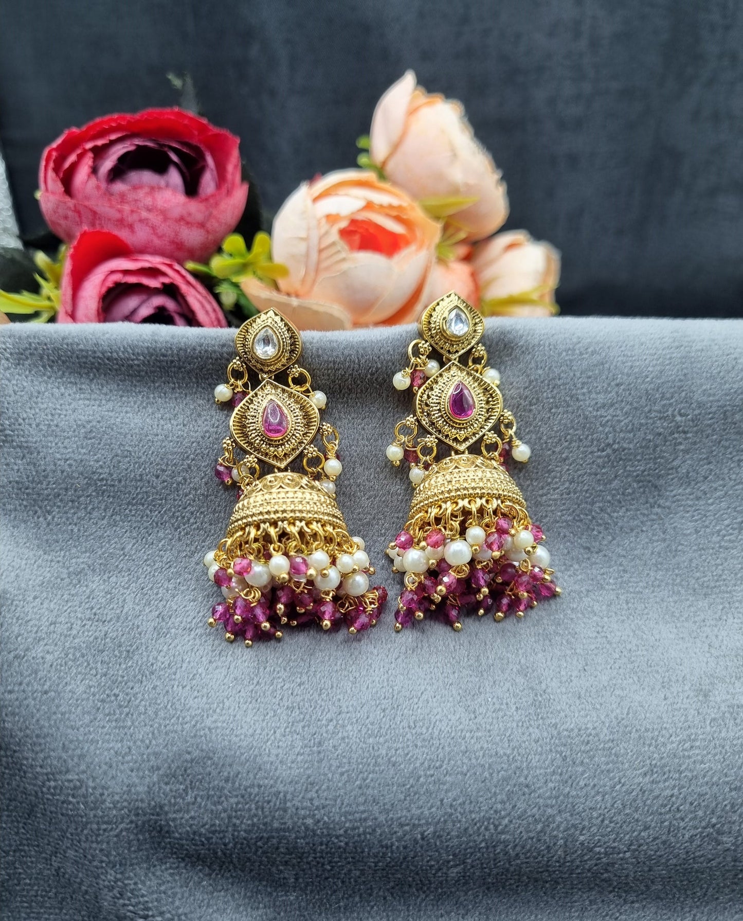 Antique Gold Finish Beaded Jhumka Earrings
