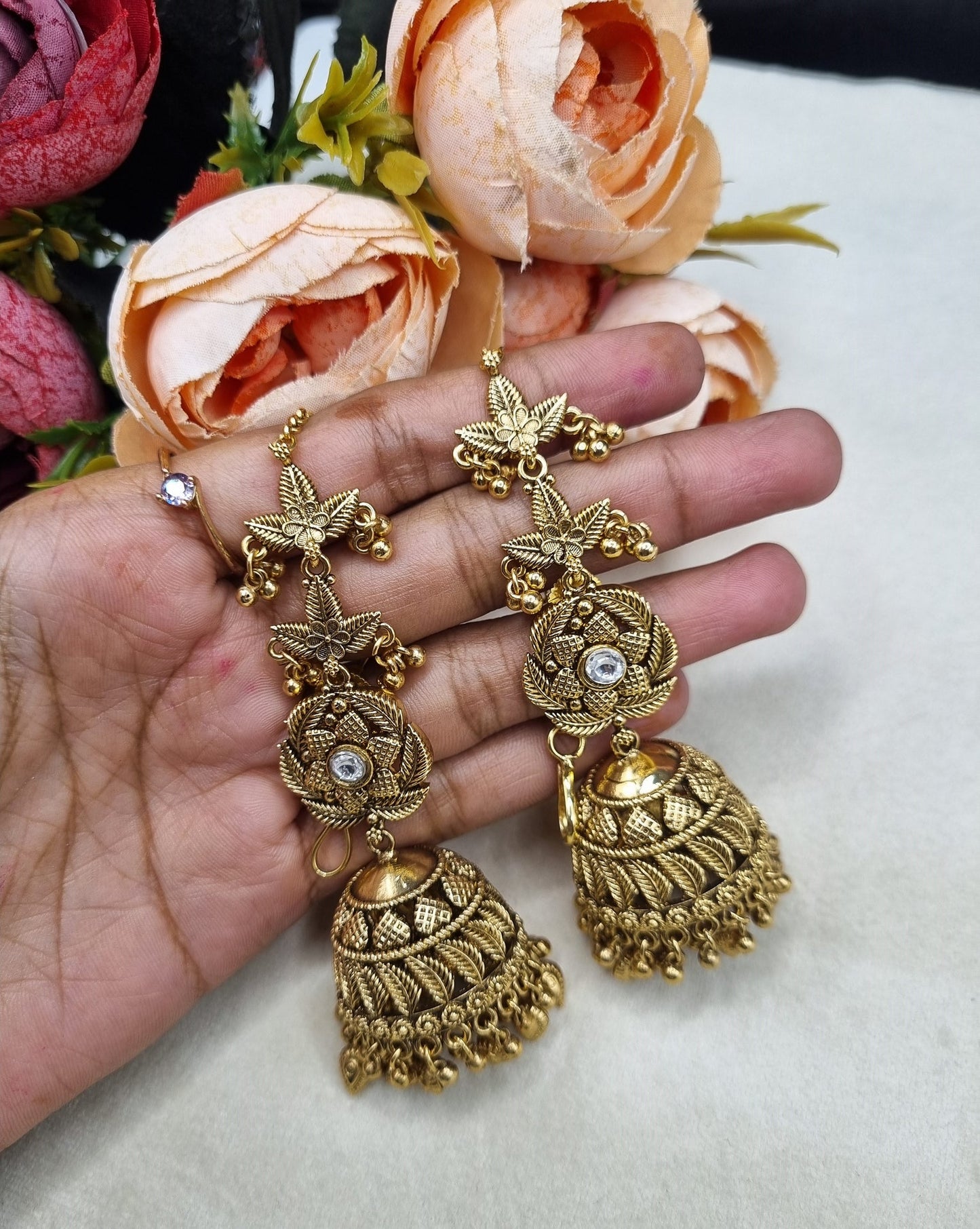 Antique Gold Floral Statement Jhumka Earrings