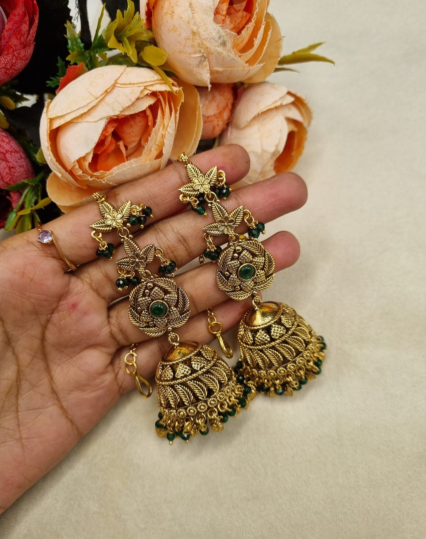 Antique Gold Floral Statement Jhumka Earrings