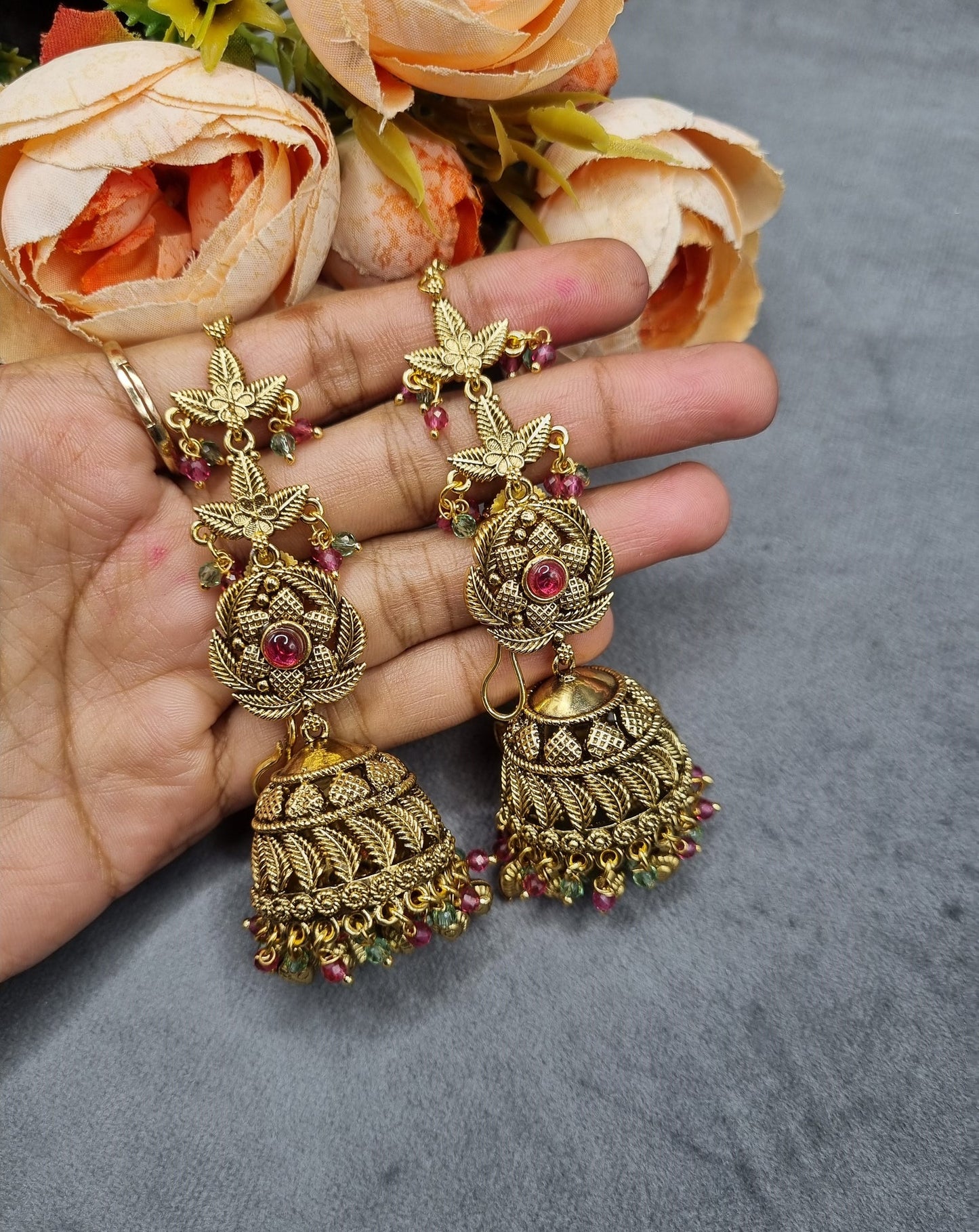 Antique Gold Floral Statement Jhumka Earrings