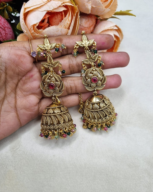Antique Gold Floral Statement Jhumka Earrings
