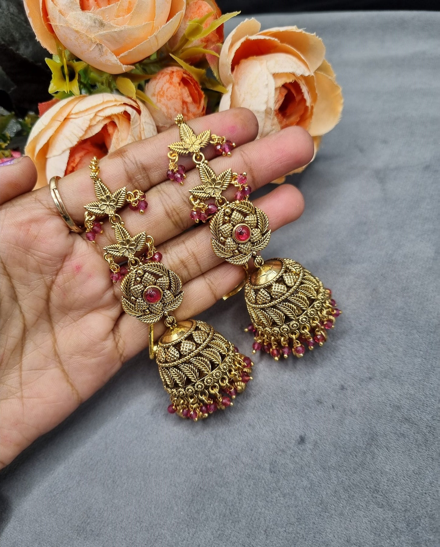 Antique Gold Floral Statement Jhumka Earrings