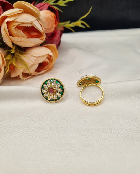 Floral Rosette Meenakari Statement Ring with Pearl Edge
