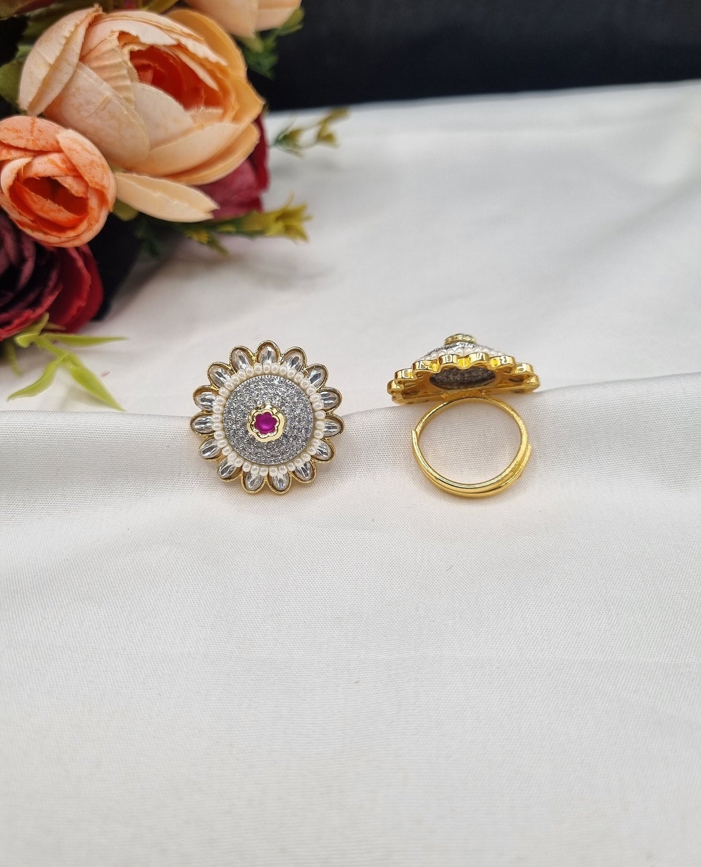 Sunburst Pave Medallion Ring with Pearl Border