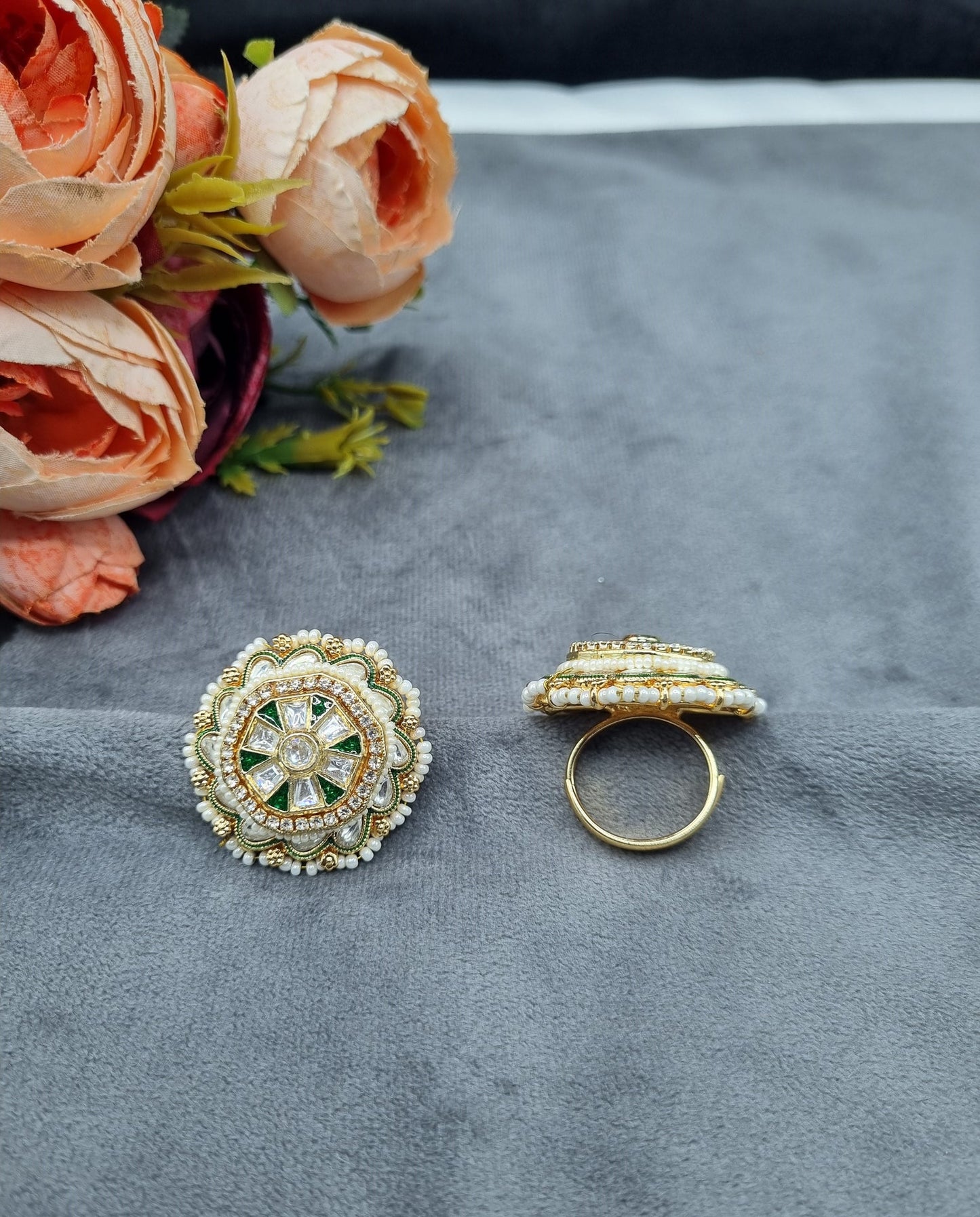 Ornate Geometric Statement Ring with Micro-Pearl Border