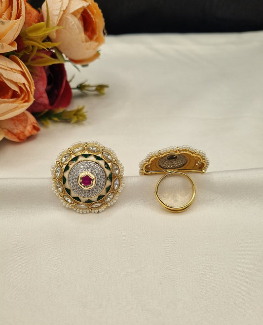 Dome Medallion Statement Ring with Micro-Pearl Border