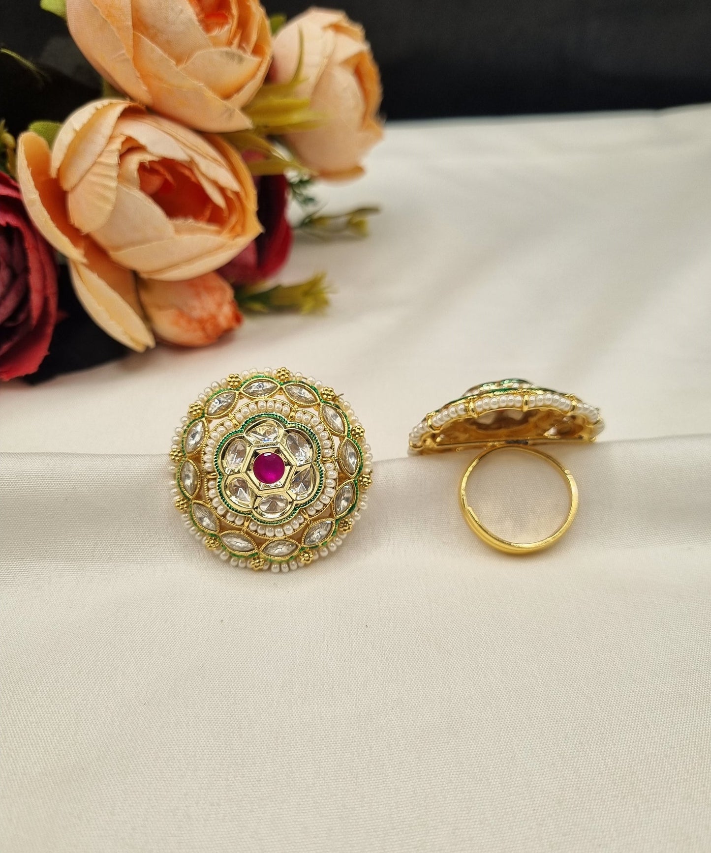 Gold-Plated Floral Circular Statement Ring with Pearl Border