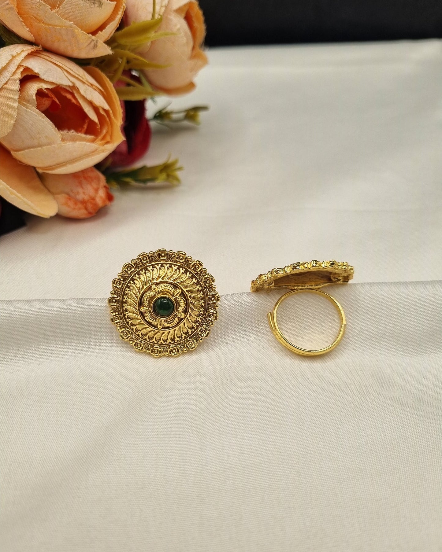 Traditional Carved Circular Adjustable Statement Ring