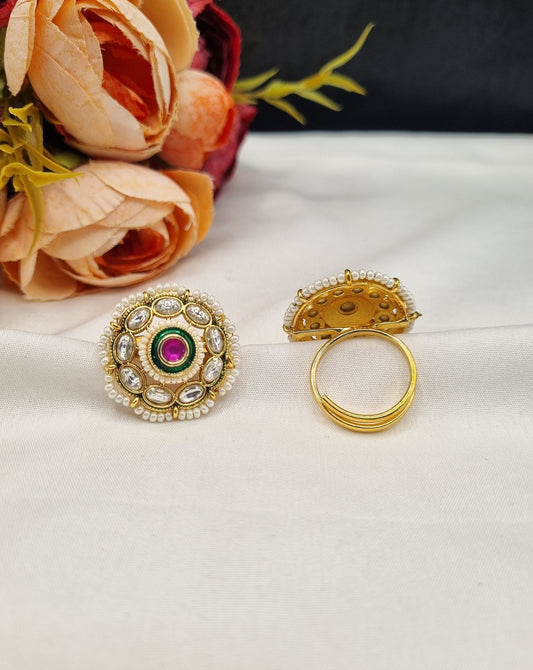 Traditional Round Meenakari & Stone-Studded Adjustable Ring