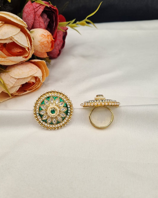 Floral Motif Meenakari Statement Ring with Pearl Border