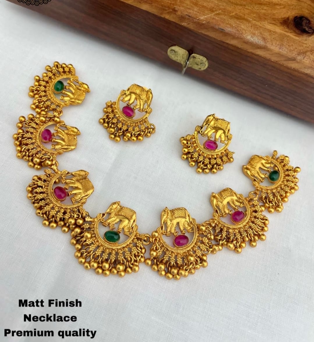 Antique Matte Finish Elephant Motif Choker Necklace Set