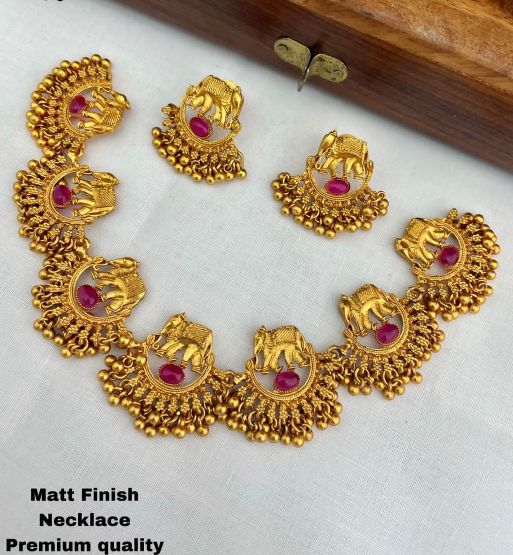 Antique Matte Finish Elephant Motif Choker Necklace Set