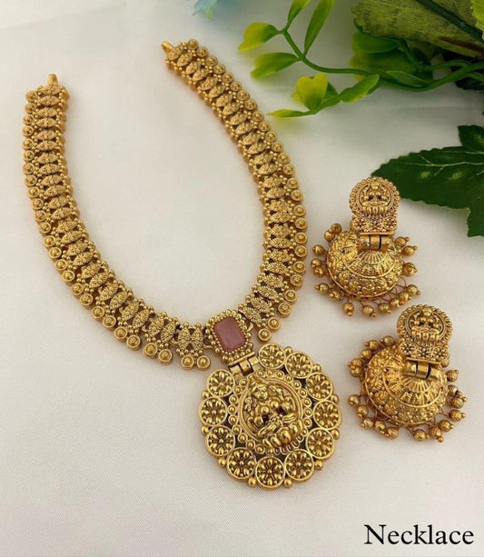 Unique Pastel Pink Lakshmi Temple Jewellery Necklace Set
