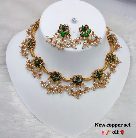 Floral Motif Temple Necklace with Pearl & Green Stone Choker & Earrings Set