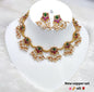 Floral Motif Temple Necklace with Pearl & Green Stone Choker & Earrings Set