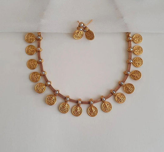 Elegant Pearl Accent Lakshmi Kasu Mala Necklace Set