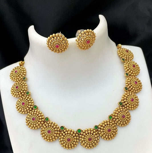 Gold Floral Sunburst Temple Choker with Ruby Accents