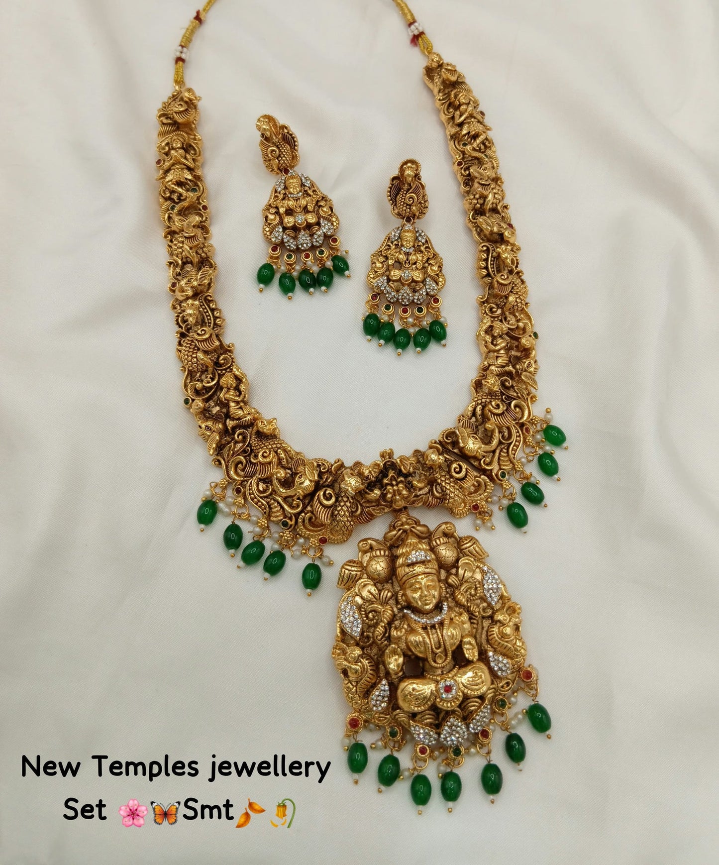 Grand Gold Lakshmi Nakshi Long Haram with Emerald Drops Jewellery Set
