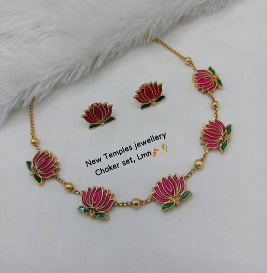Handcrafted Pink Lotus Meenakari Temple Choker Set
