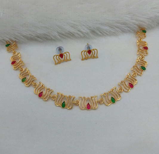 South Indian Kamal Motif Emerald Green Necklace Set