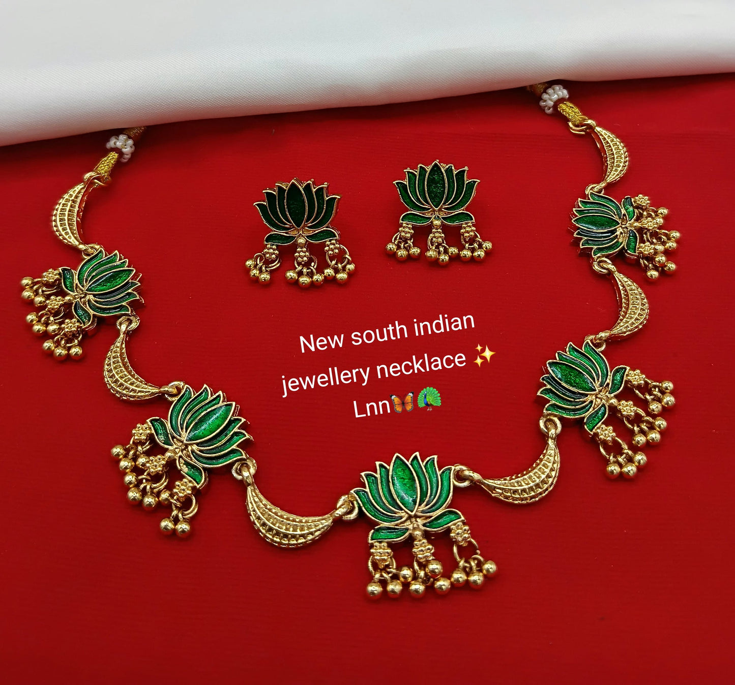 Forest Green Meenakari Lotus Necklace with Golden Ghungroo Drops