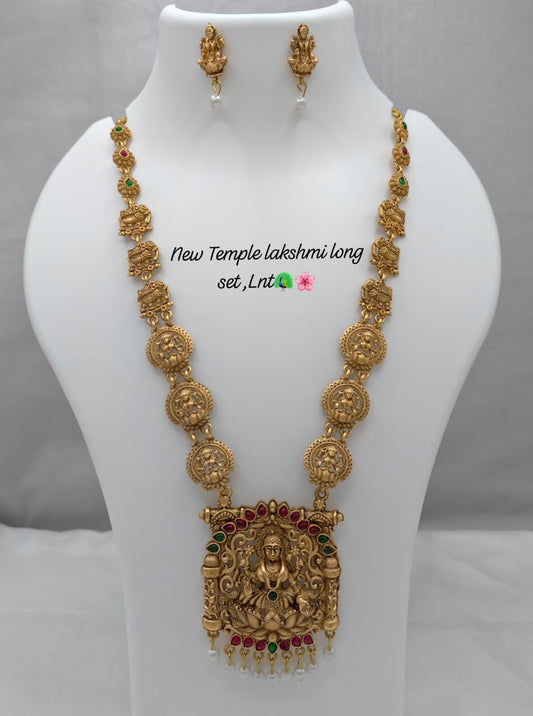 Gold Square Lakshmi Pendant Long Necklace Set