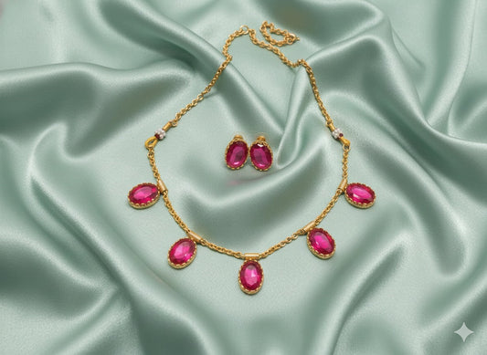 Minimalist Rani Pink Oval Stone Necklace with Matching Studs