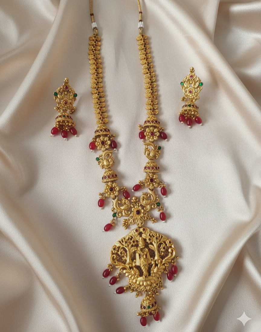 Temple Style Peacock & Deity Motif Haram Set with Hanging Bead Drops