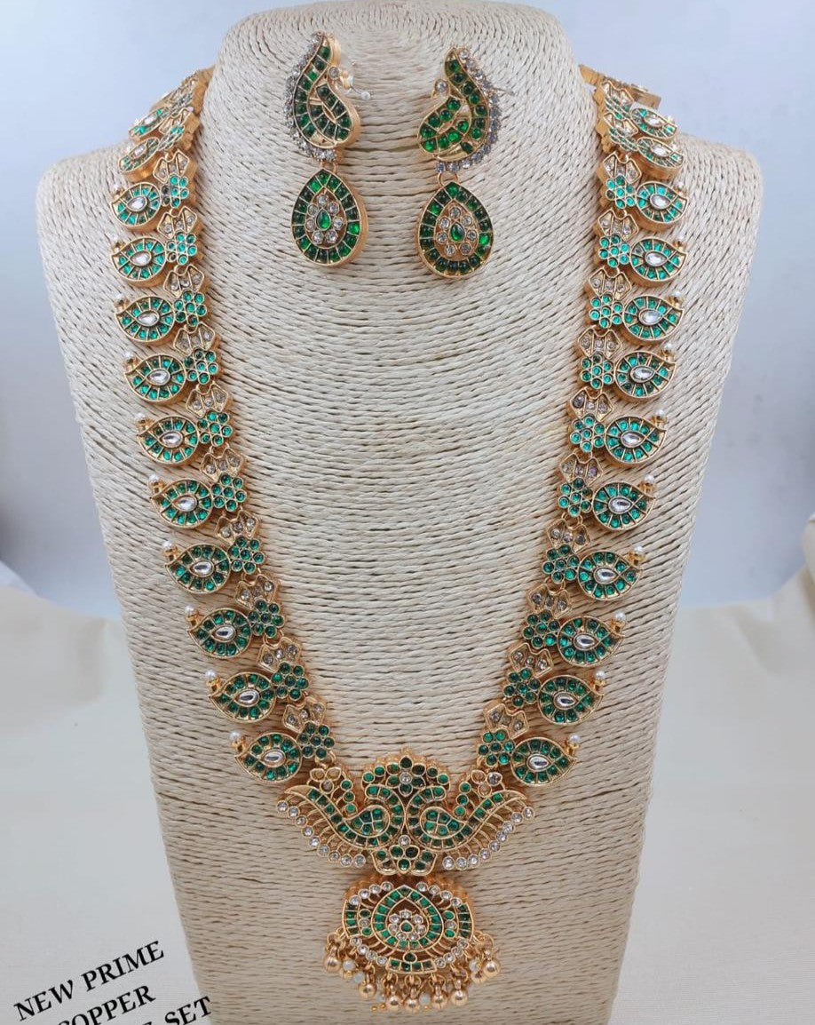 Royal Emerald Green Peacock Long Haram Necklace Set with Matching Earrings