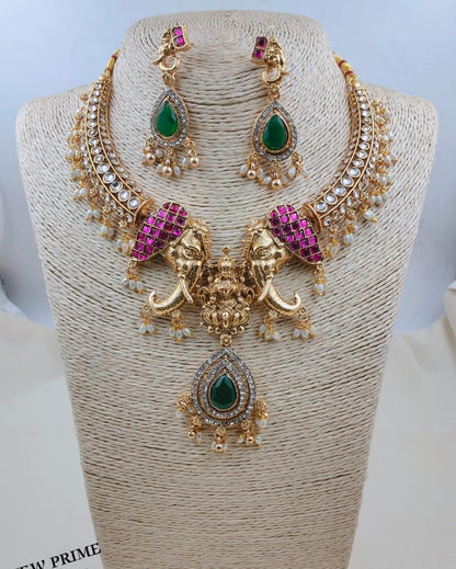 Royal Divine Laxmi Elephant Temple Choker Necklace Set with Earrings