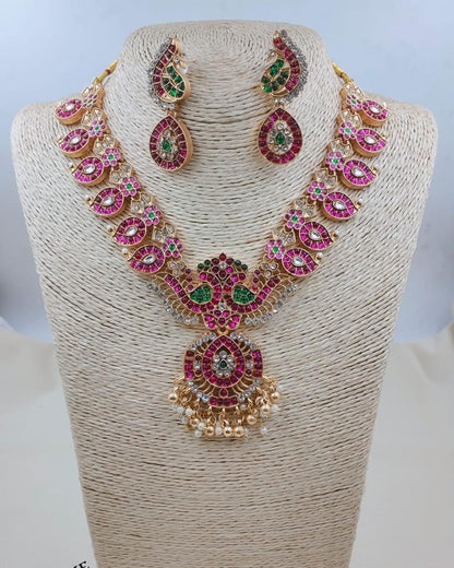 Traditional Ruby & Emerald Peacock Motif Medium Necklace Set with Earrings
