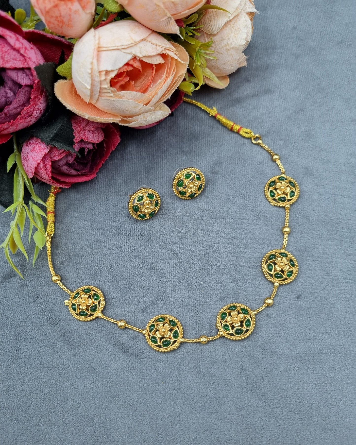 Gold-Tone Floral Medallion Necklace & Stud Earrings Set