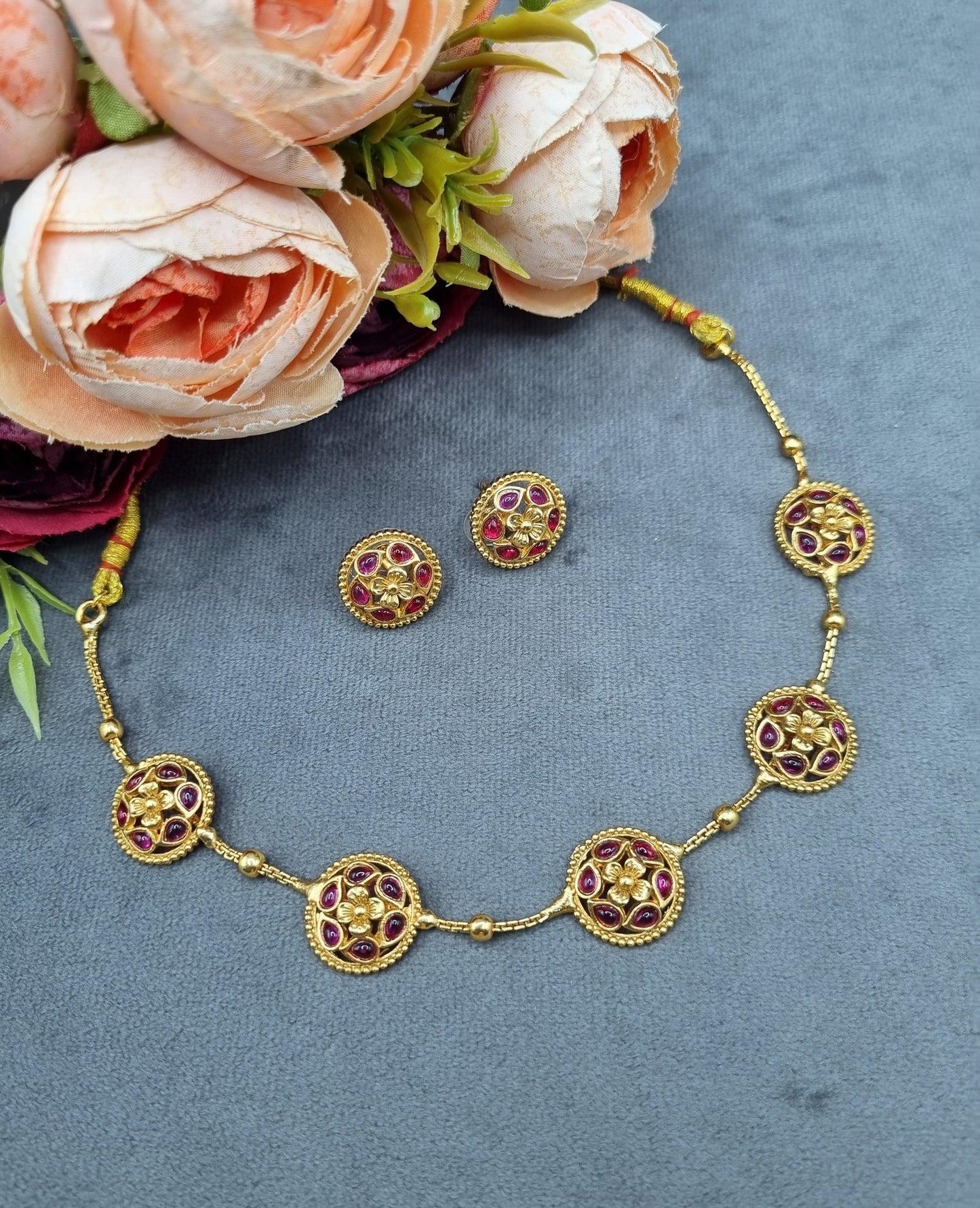 Gold-Tone Floral Medallion Necklace & Stud Earrings Set