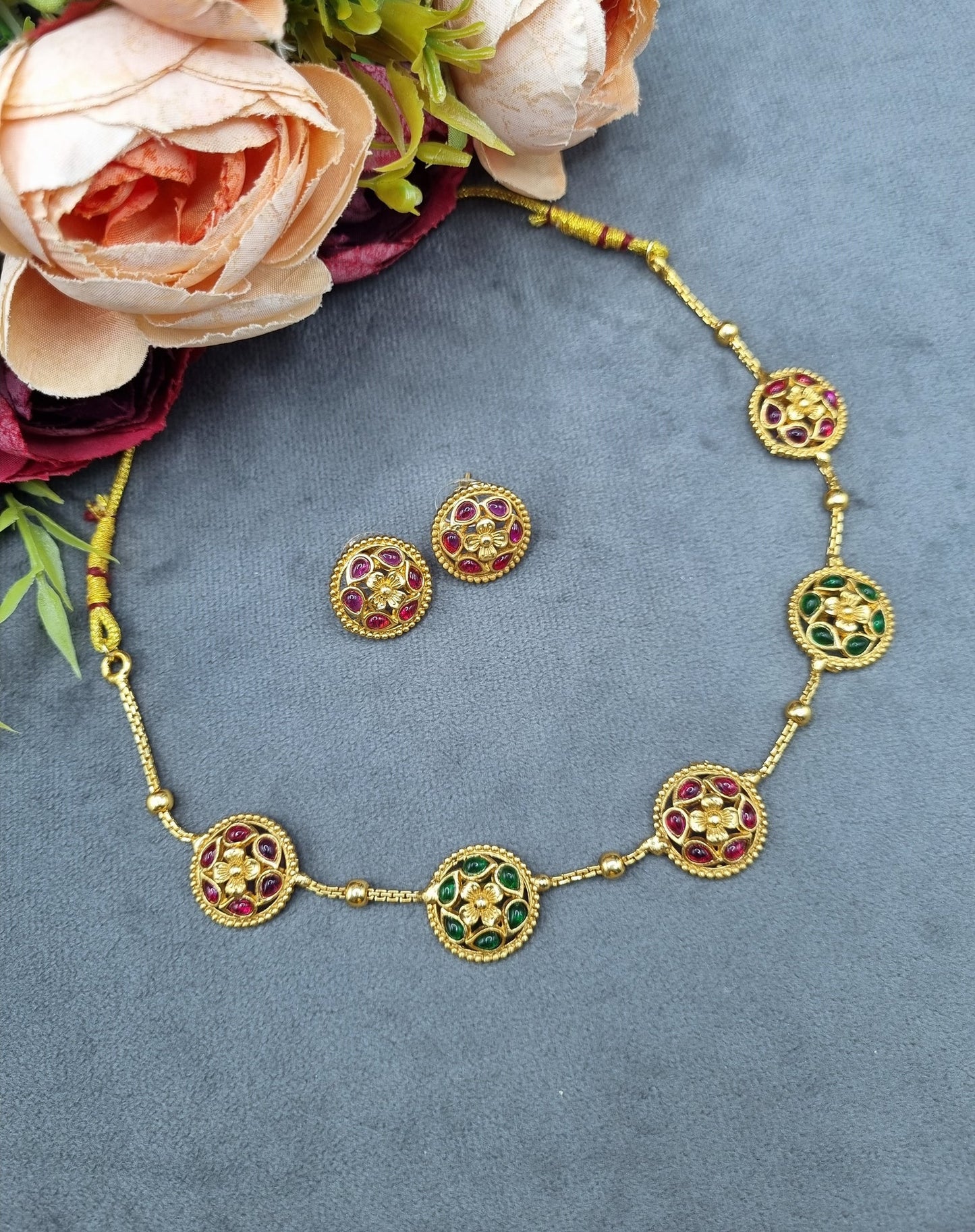 Gold-Tone Beaded Floral Motif Station Necklace Set